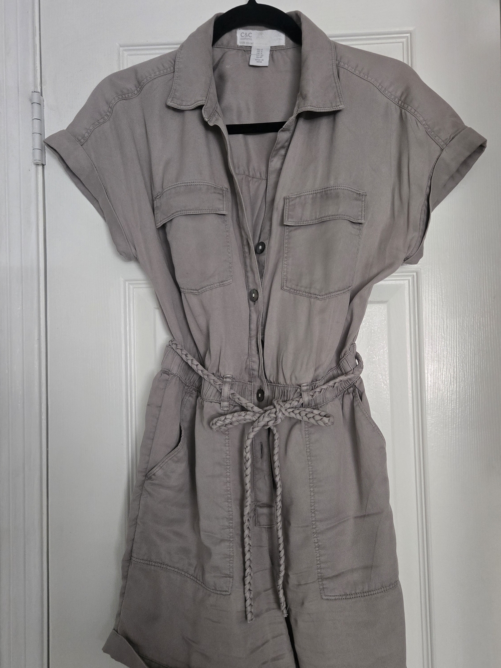 C&C California Taupe Utility Romper with Braided Drawstring